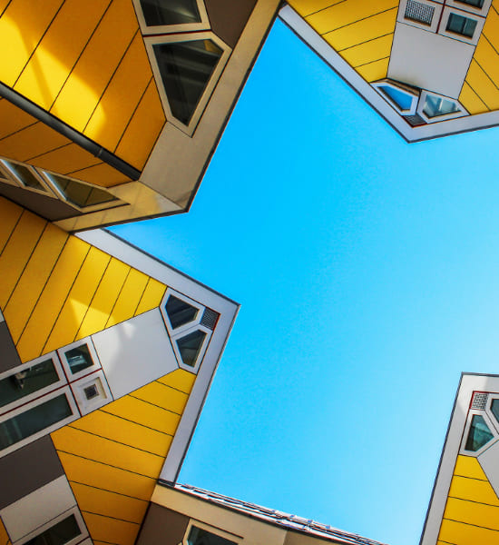 View from the ground up to the top of the buildings