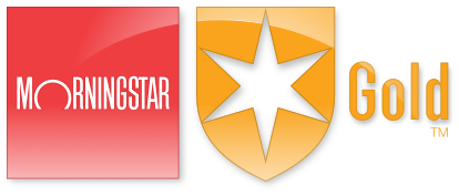 Morningstar logo displayed next to a gold shield with a white star and the word “Gold,” indicating a Morningstar Gold rating.