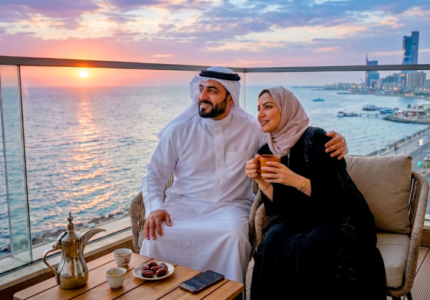 An Arab couple enjoying the sunset at balcony