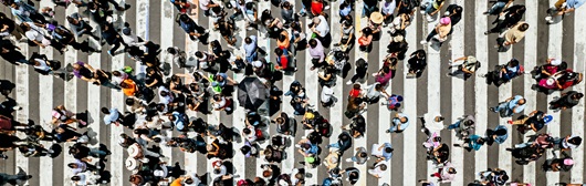 Crowds crossing a busy city crosswalk.