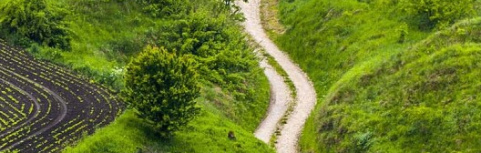 Aerial view of a double lane road cutting through a green valley surrounded by hills and trees.