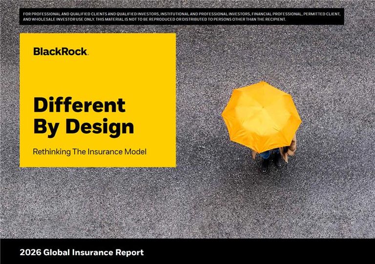 Overhead view of a person standing on a gray textured surface beneath a bright yellow umbrella, alongside the cover title “Different By Design: Rethinking The Insurance Model