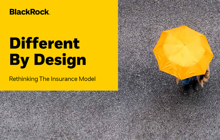 Overhead view of a person standing on a gray textured surface beneath a bright yellow umbrella, alongside the cover title “Different By Design: Rethinking The Insurance Model