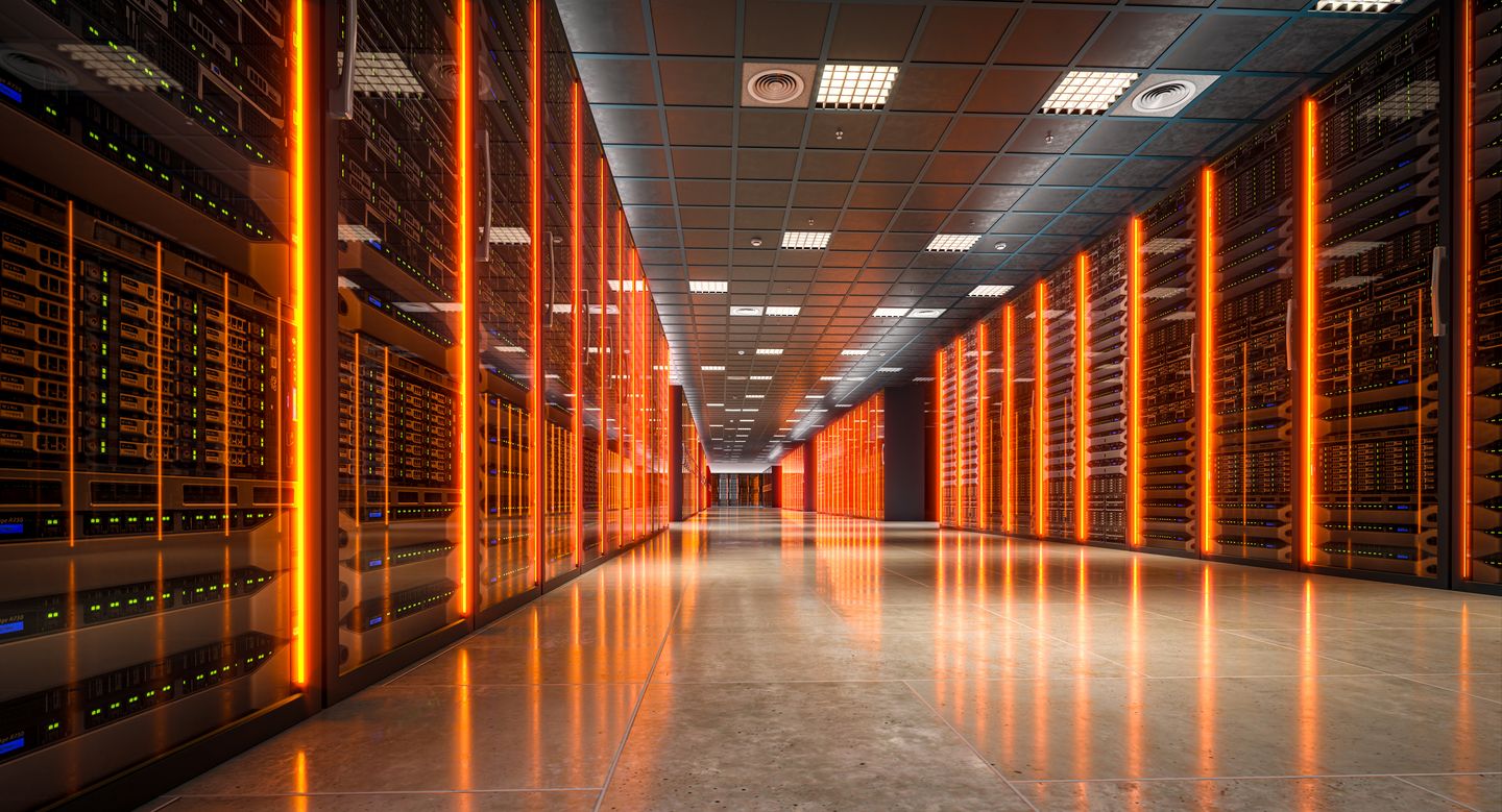 High-tech data center corridor with server racks and orange LED lighting on both sides