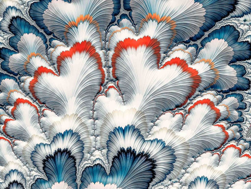 Abstract floral pattern with blue, white, and red accents