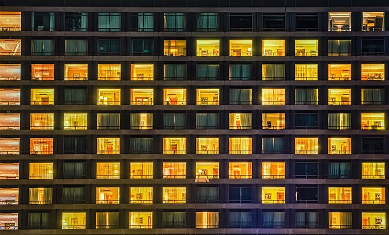 Windows lit up at night