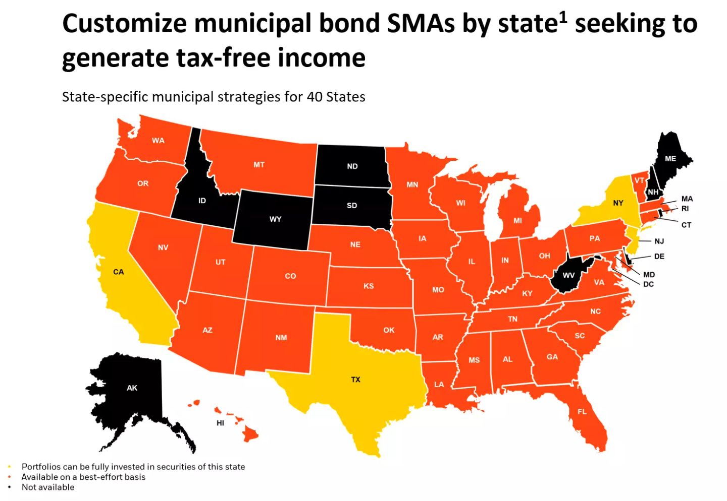 U.S. map highlighting state-specific municipal bond SMA availability. States are color-coded: orange for full availability, yellow for best-effort basis, and black for not available.