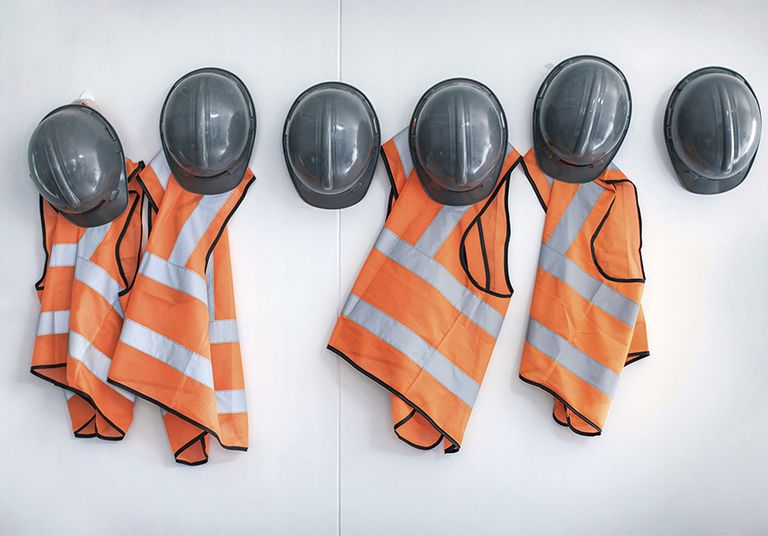 Construction vests and hardhats