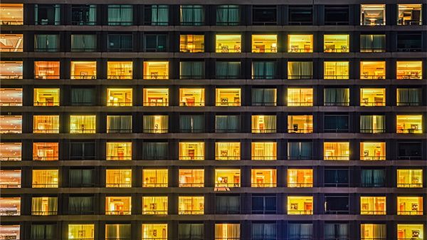 Lit up building windows at night