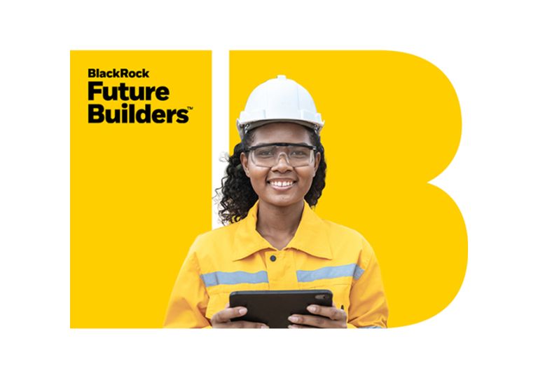 BlackRock Future Builders branding beside a construction worker wearing a hard hat and safety glasses, holding a tablet against a yellow background.
