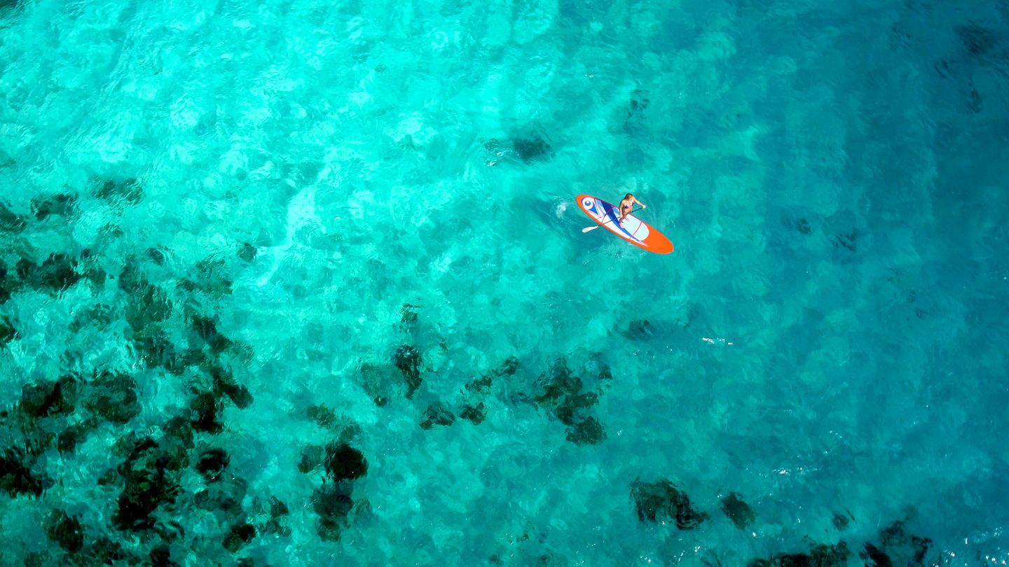 erial view of a person paddleboarding on clear turquoise water with dark patches of reef below.